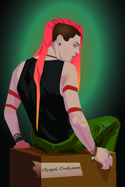 Chapel Orahamm avatar, drawn image of man with red hair sitting on box with label
